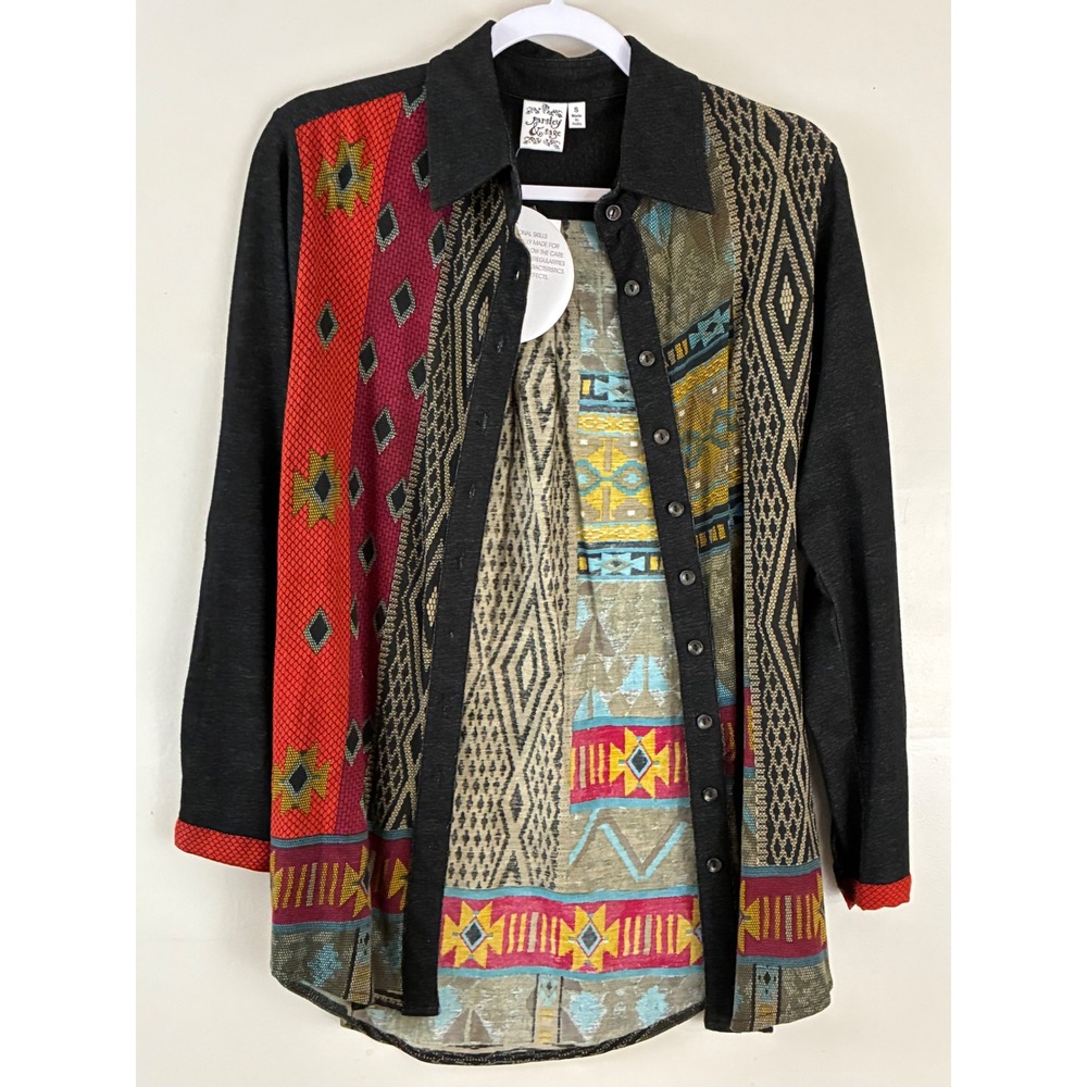Parsley & Sage Button Up Tunic Women Small Black Multi Color Tribal Mixed Print